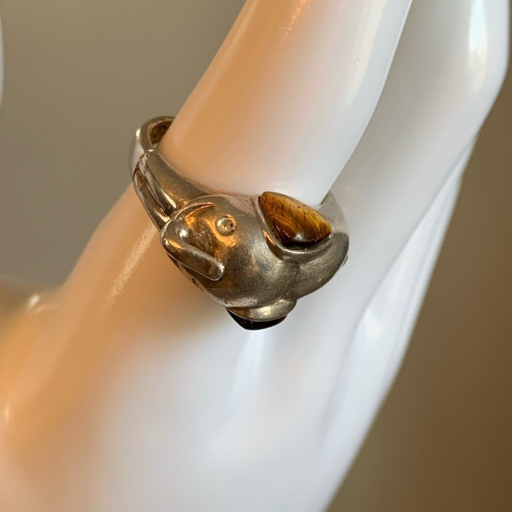 Sterling Silver Ring Elephant Tiger Eye Size 8.5 Signed 925 NV Vintage Trunk Up